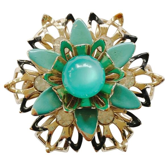 VTG Mid Century Brooch Moonglow Cab Floral Blue Enamel Rhinestones Gold Tone Pin - Picture 1 of 9